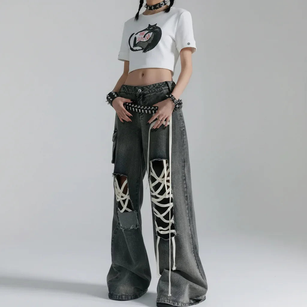 Women's Denim Baggy Pants - My Aura - myauragoth.com