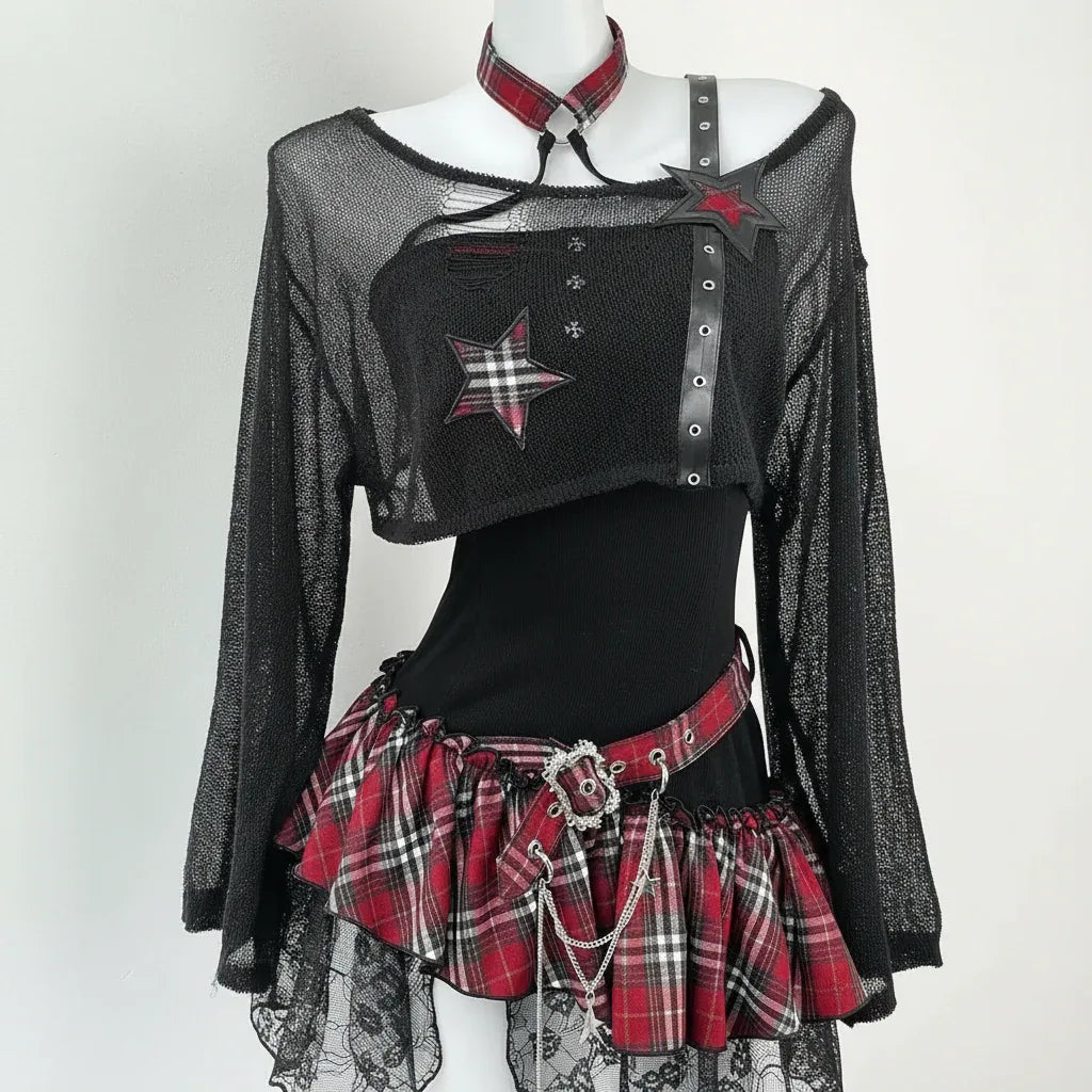 Two Pieces Set Strapless Red Dress - My Aura - myauragoth.com