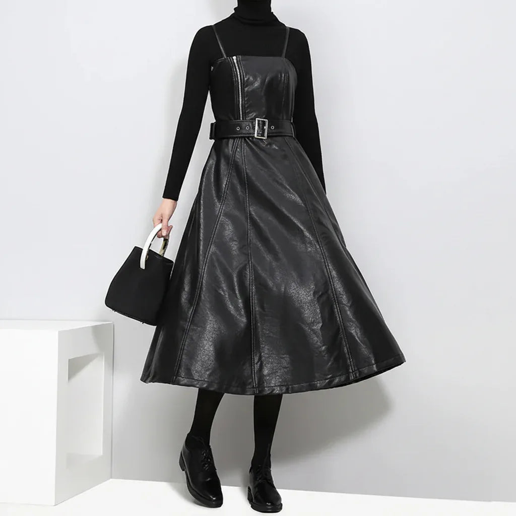 Women's Long Leather Dress Black - My Aura - myauragoth.com