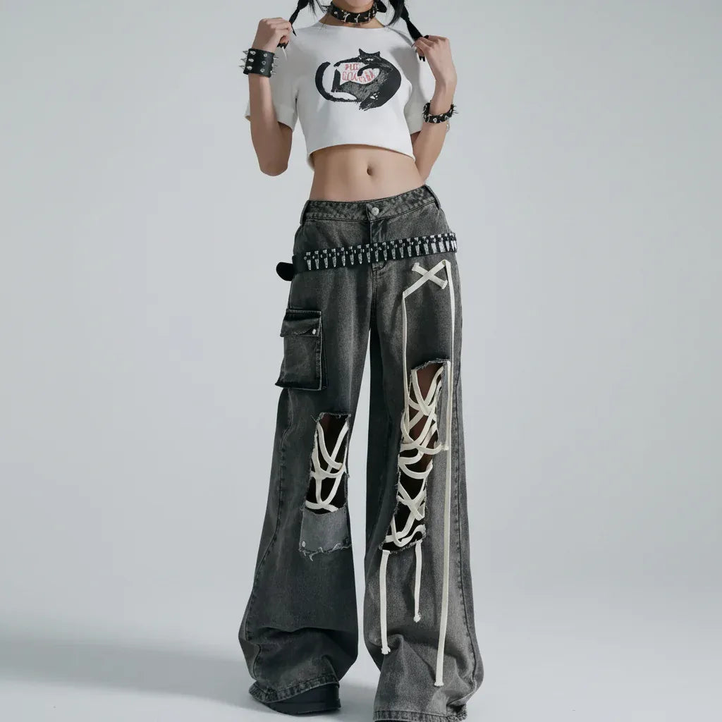 Women's Denim Baggy Pants - My Aura - myauragoth.com