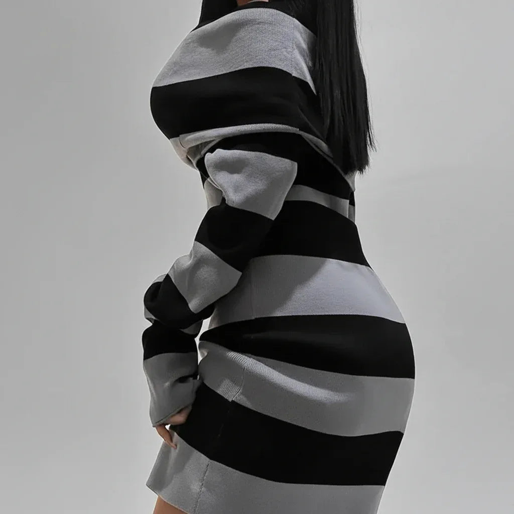 Striped Mini Long Sleeve Dress - My Aura - myauragoth.com