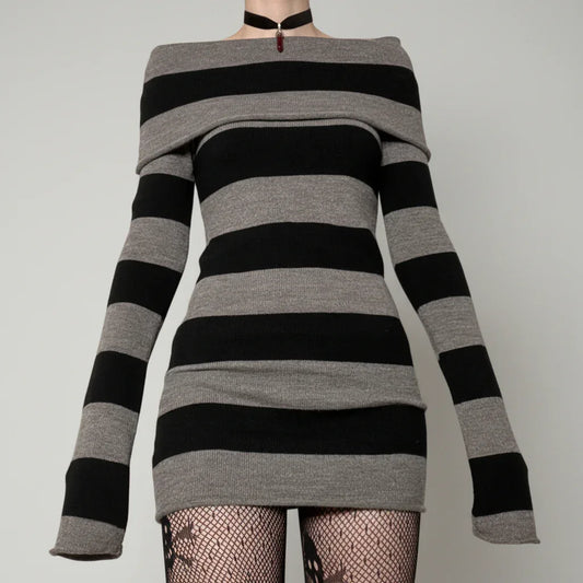 Striped Mini Long Sleeve Dress - My Aura - myauragoth.com