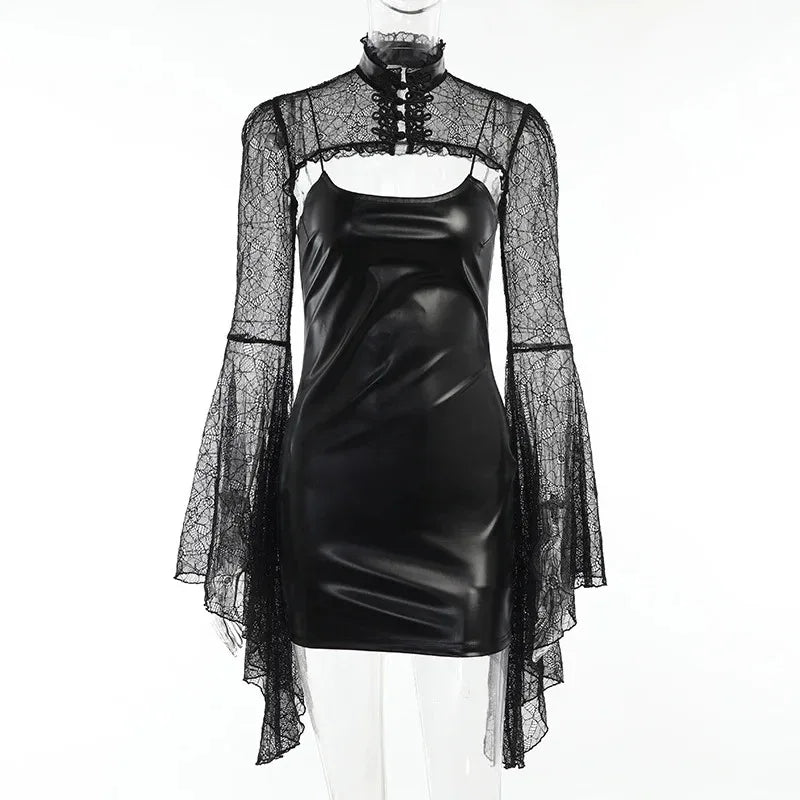 Gothic Two-piece Set Leather Dress - My Aura - myauragoth.com